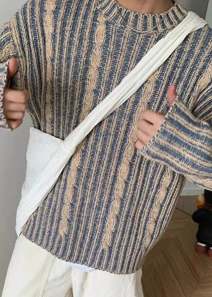 Retro Blue Striped Cozy Knit Men Sweater Spring TK007