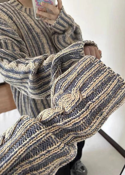 Retro Blue Striped Cozy Knit Men Sweater Spring TK007