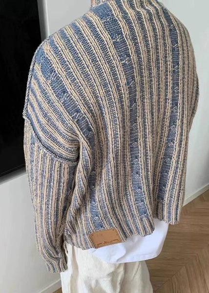 Retro Blue Striped Cozy Knit Men Sweater Spring TK007