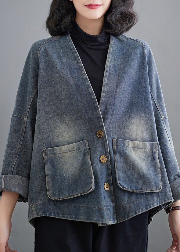 Retro Blue V Neck Patchwork Pockets Denim Coats Fall AP033 GK-CTS240718