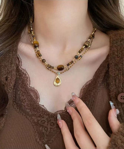 Retro Brown Bilayer Beading Tiger's Eye Pendant Necklace AB1069 Genistyle Shop