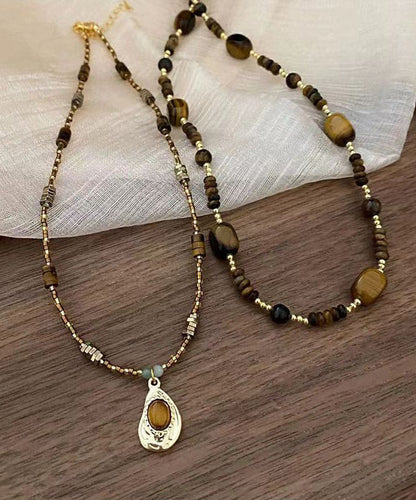 Retro Brown Bilayer Beading Tiger's Eye Pendant Necklace AB1069 Genistyle Shop