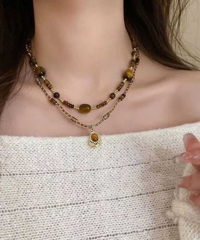 Retro Brown Bilayer Beading Tiger's Eye Pendant Necklace AB1069 Genistyle Shop