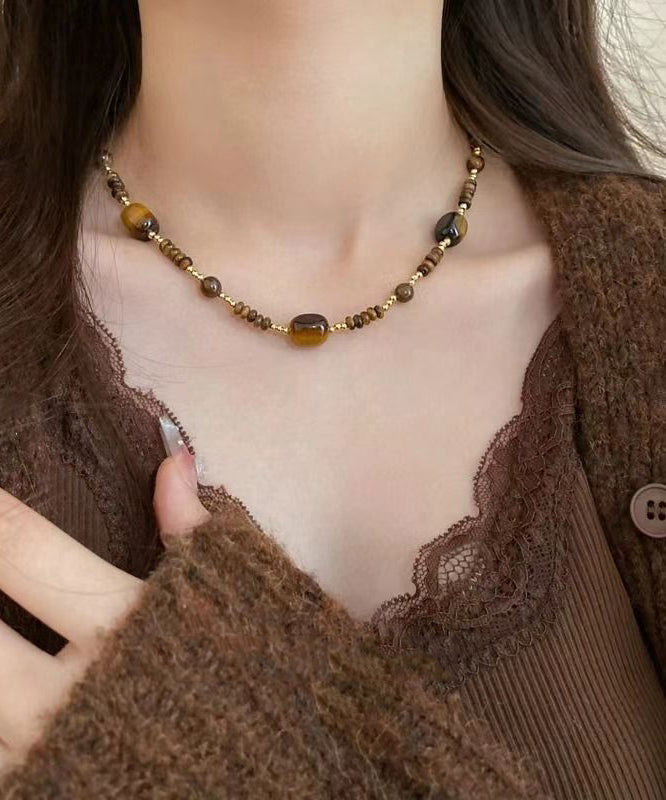 Retro Brown Bilayer Beading Tiger's Eye Pendant Necklace AB1069 Genistyle Shop