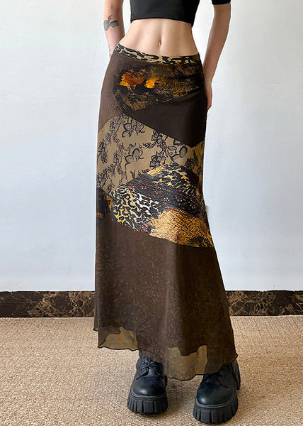 Summer Tulle High Skirt Print Waist Brown Retro Patchwork FashionChic