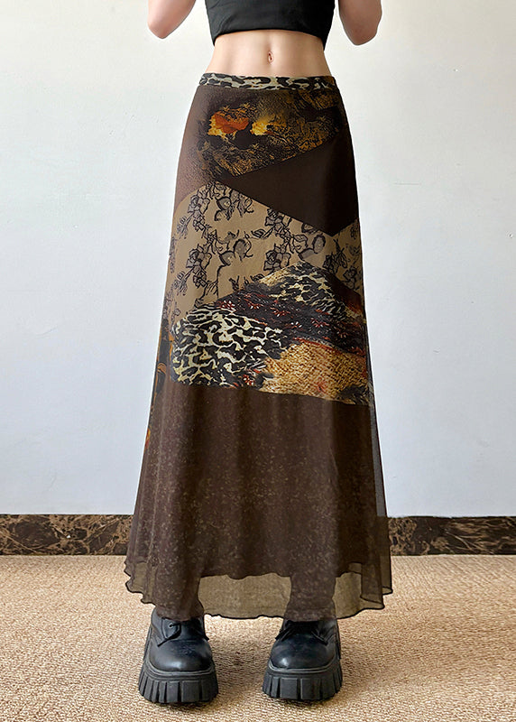 Summer Tulle High Skirt Print Waist Brown Retro Patchwork FashionChic
