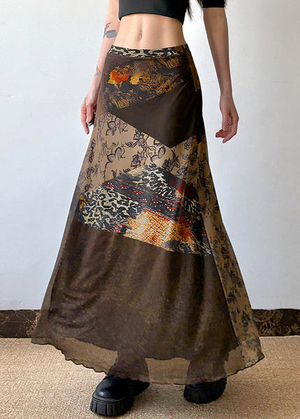 Summer Tulle High Skirt Print Waist Brown Retro Patchwork FashionChic