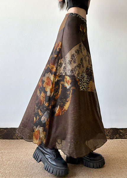 Summer Tulle High Skirt Print Waist Brown Retro Patchwork FashionChic