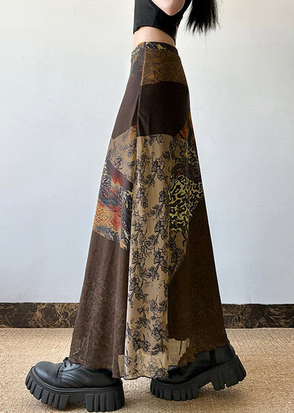 Summer Tulle High Skirt Print Waist Brown Retro Patchwork FashionChic