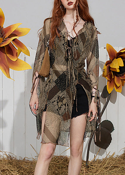 Retro Brown Print Lace Tie Chiffon Shirts Spring UU1029 SH-LF-LTP240526