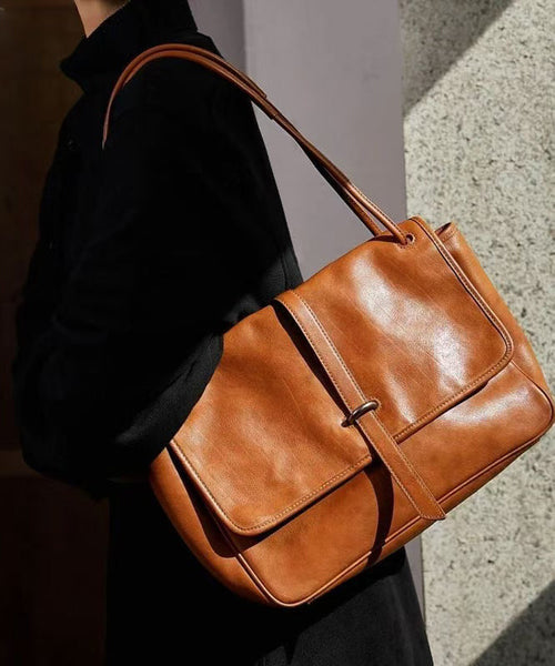 Retro Bag Durable Zipper Shoulder Brown Leather Solid FashionChic