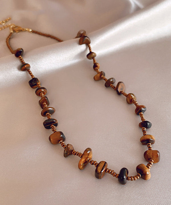 Retro Chocolate Alloy Tiger Eye Stone Beading Gratuated Bead Necklace WI040 JEW-NLC241105