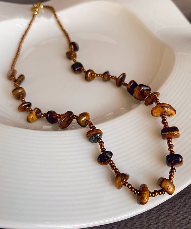 Retro Chocolate Alloy Tiger Eye Stone Beading Gratuated Bead Necklace WI040 JEW-NLC241105