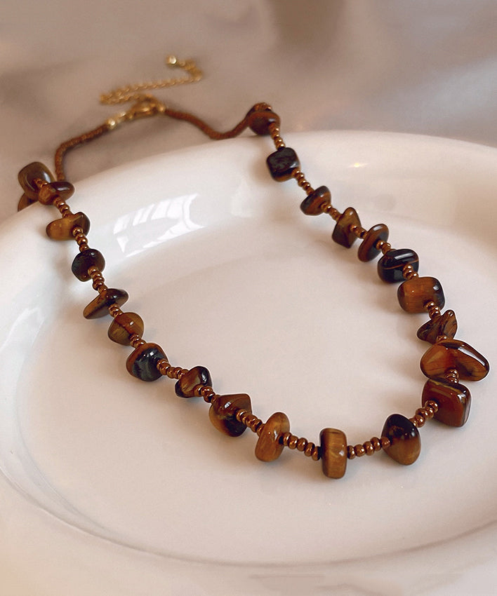 Retro Chocolate Alloy Tiger Eye Stone Beading Gratuated Bead Necklace WI040 JEW-NLC241105