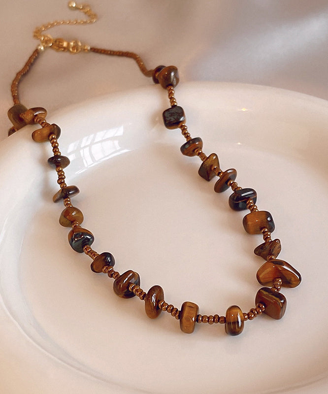 Retro Chocolate Alloy Tiger Eye Stone Beading Gratuated Bead Necklace WI040 JEW-NLC241105