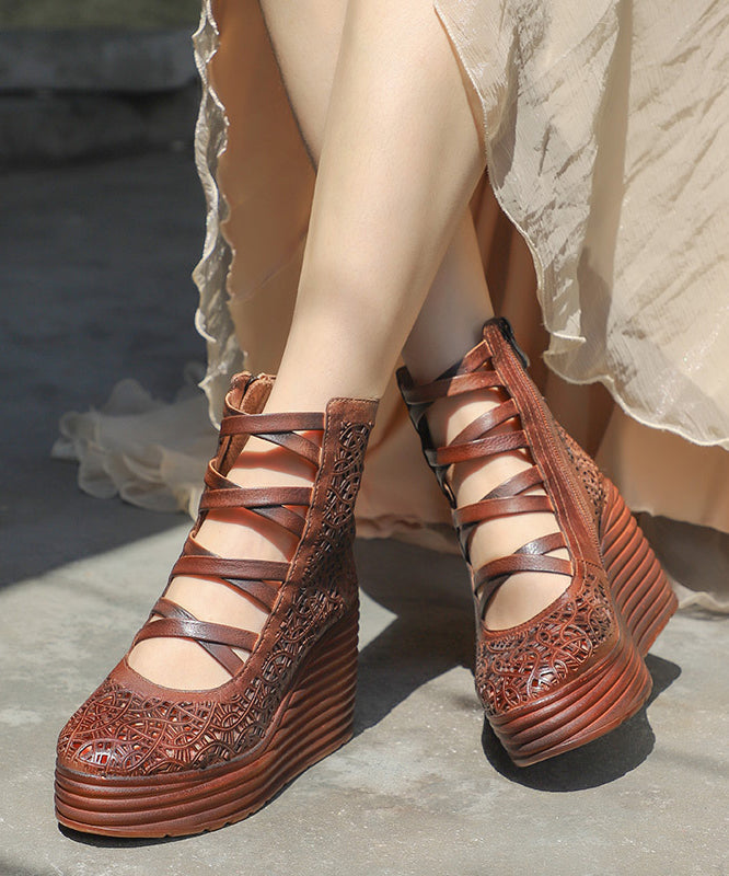 Retro Coffee Cowhide Hollow Out Splicing Cross Strap High Wedge Heels Shoes SL1006 Ada Fashion