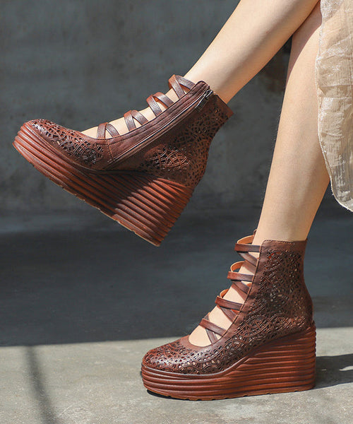 Retro Coffee Cowhide Hollow Out Splicing Cross Strap High Wedge Heels Shoes SL1006 Ada Fashion