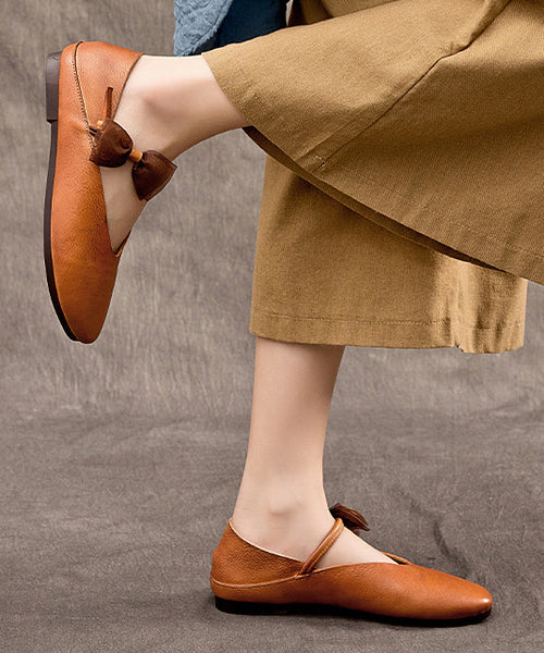 Feet Cowhide Leather Coffee Retro Flat Shoes Comfy FashionChic