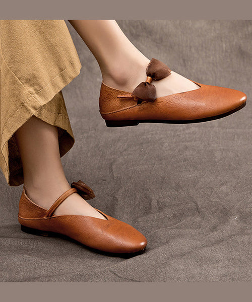 Feet Cowhide Leather Coffee Retro Flat Shoes Comfy FashionChic