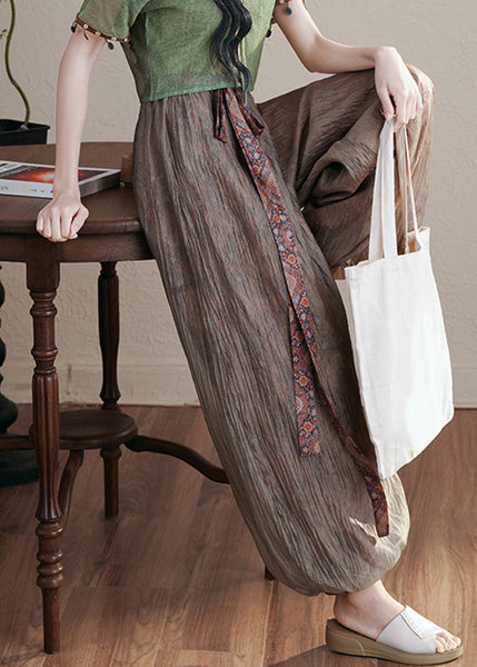 Retro Coffee Elastic Waist Ribbon Pants Fall QB019 HS-LPTS241025