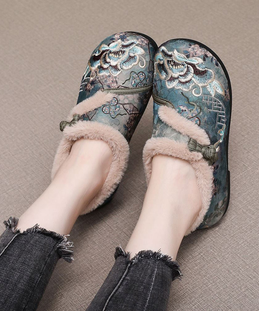 Retro Coffee Embroidery Flat Shoes Splicing Fuzzy Wool Lined TQ051 ABC