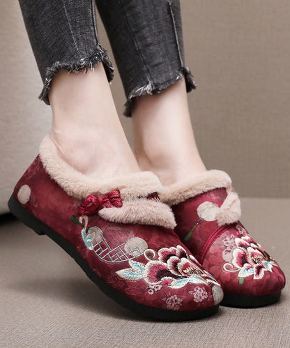 Retro Coffee Embroidery Flat Shoes Splicing Fuzzy Wool Lined TQ051 ABC