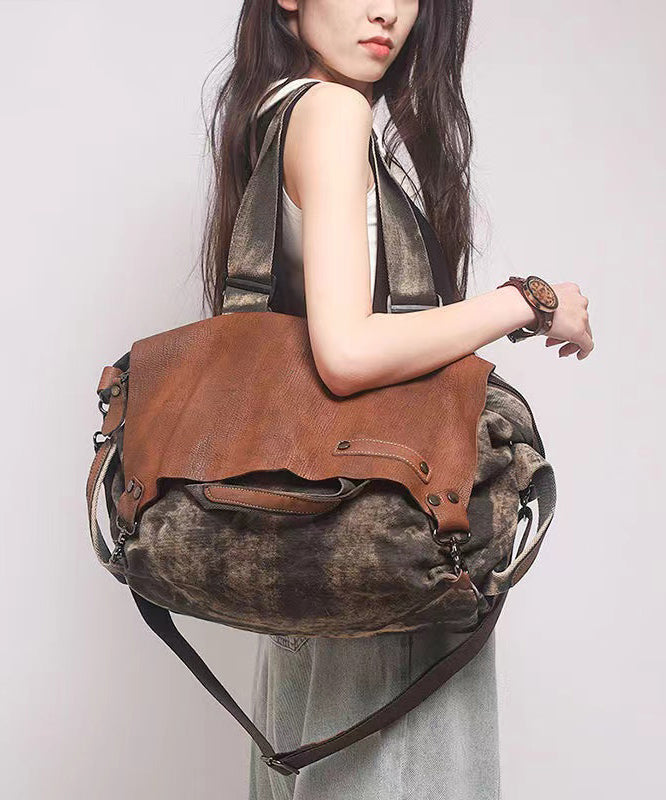 Retro Coffee Large Capacity Calf Leather Patchwork Canvas Satchel Bag Handbag MM052 Bag-BGS240620