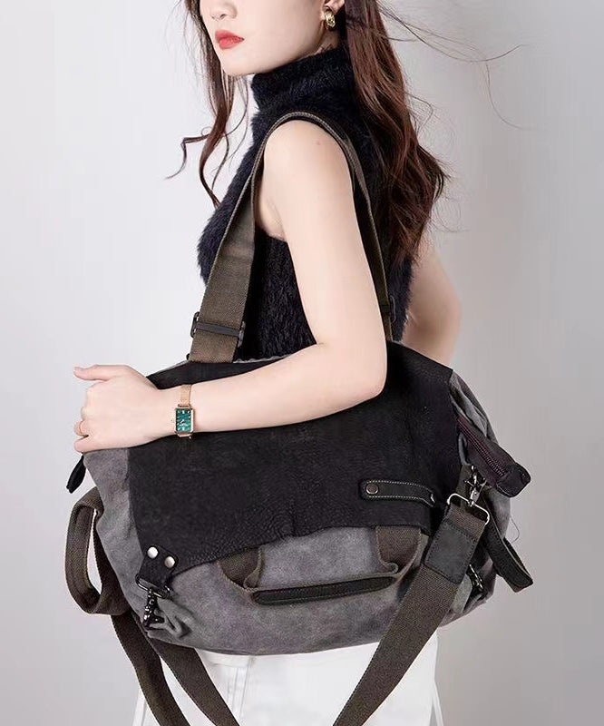 Retro Coffee Large Capacity Calf Leather Patchwork Canvas Satchel Bag Handbag MM052 Bag-BGS240620