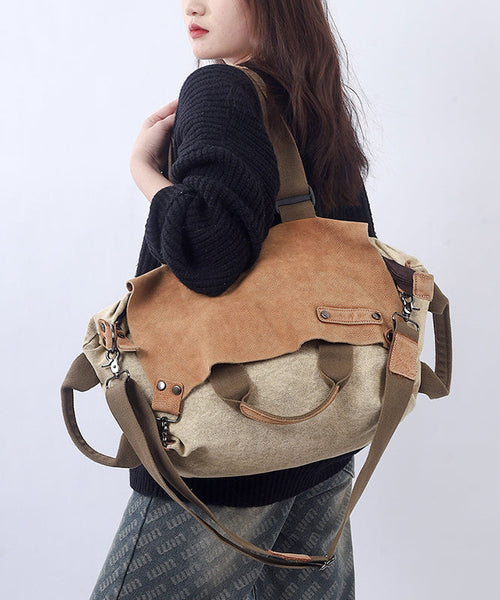 Retro Coffee Large Capacity Calf Leather Patchwork Canvas Satchel Bag Handbag MM052 Bag-BGS240620