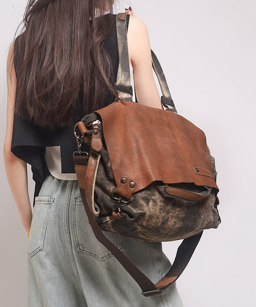 Retro Coffee Large Capacity Calf Leather Patchwork Canvas Satchel Bag Handbag MM052 Bag-BGS240620