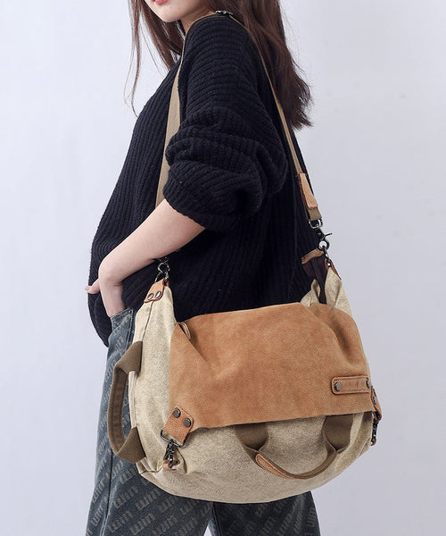Retro Coffee Large Capacity Calf Leather Patchwork Canvas Satchel Bag Handbag MM052 Bag-BGS240620