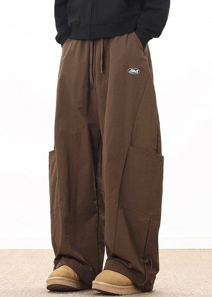 Coffee Elastic Wide Cotton Pockets Retro Mens Waist Drawstring FashionChic