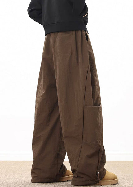 Coffee Elastic Wide Cotton Pockets Retro Mens Waist Drawstring FashionChic