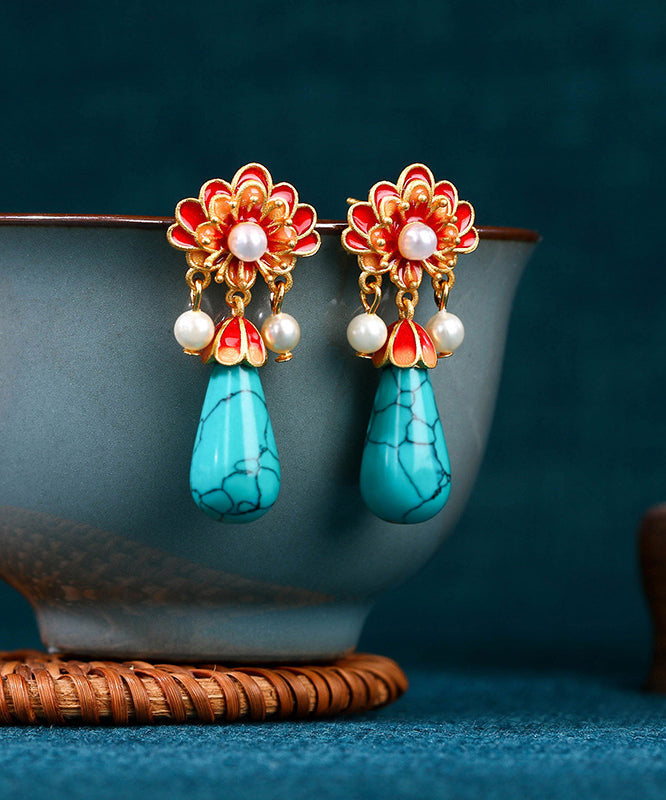 Retro Colorblock Ancient Gold Overgild Inlaid Pearl Enamel Floral Drop Earrings DF1029 Ada Fashion