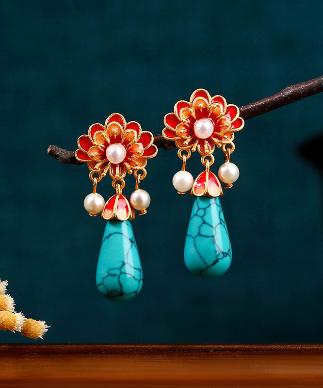 Retro Colorblock Ancient Gold Overgild Inlaid Pearl Enamel Floral Drop Earrings DF1029 Ada Fashion