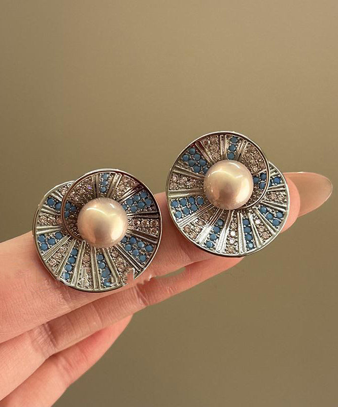 Zircon Shell Retro Pearl Copper Stud Colorblock Overgild Earrings FashionChic