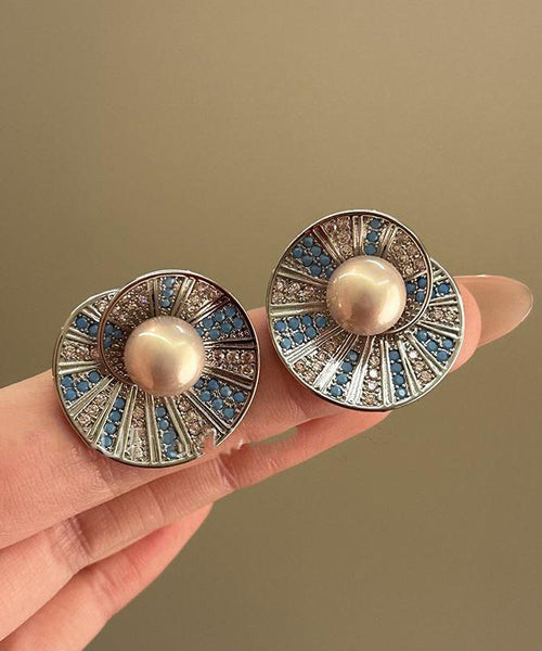 Zircon Shell Retro Pearl Copper Stud Colorblock Overgild Earrings FashionChic