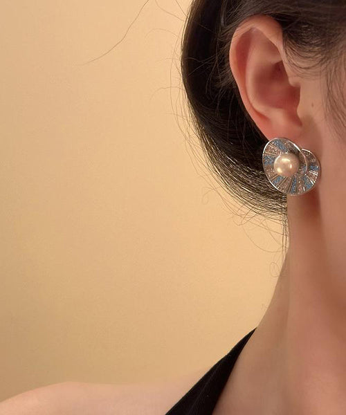 Zircon Shell Retro Pearl Copper Stud Colorblock Overgild Earrings FashionChic