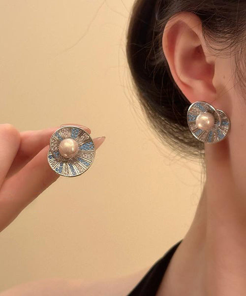 Zircon Shell Retro Pearl Copper Stud Colorblock Overgild Earrings FashionChic