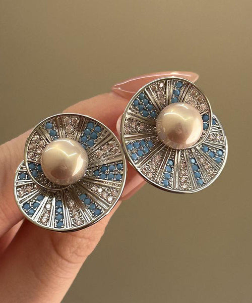 Zircon Shell Retro Pearl Copper Stud Colorblock Overgild Earrings FashionChic