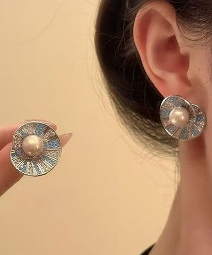 Zircon Shell Retro Pearl Copper Stud Colorblock Overgild Earrings FashionChic