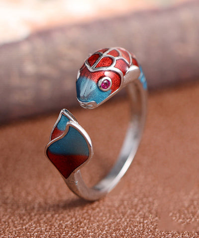 Retro Colorblock Open Sterling Silver Cloisonne Brocaded Carp Rings YI018 ABC
