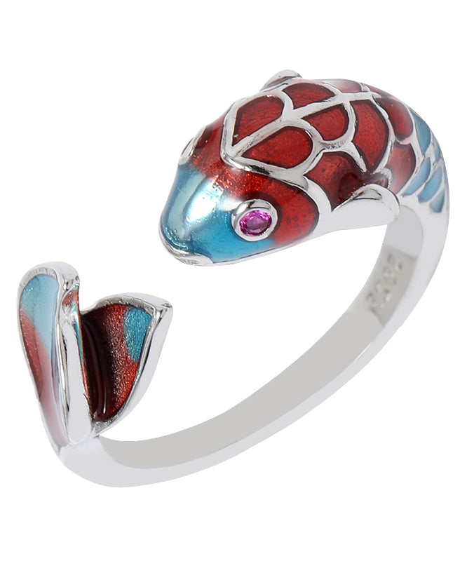 Retro Colorblock Open Sterling Silver Cloisonne Brocaded Carp Rings YI018 ABC