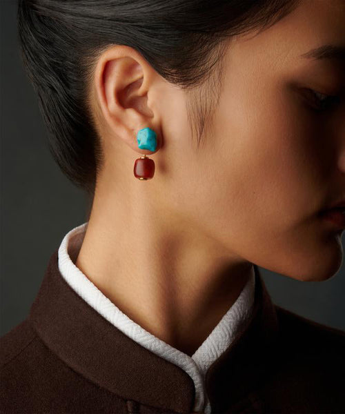 Turquoise Retro Agate Drop Overgild Colorblock Silver Sterling FashionChic