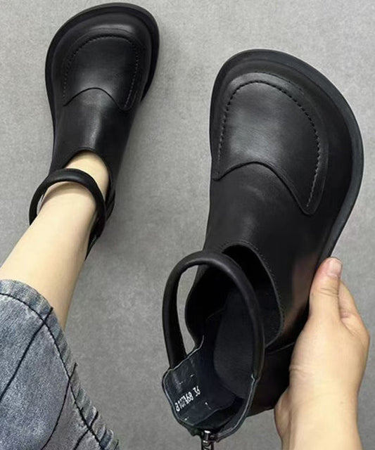 Cowhide Black Splicing Boots Leather Comfy Retro FashionChic