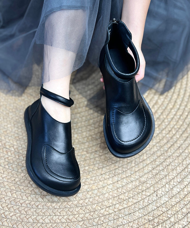 Cowhide Black Splicing Boots Leather Comfy Retro FashionChic