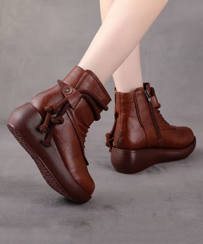 Retro Comfy Splicing Wedge Boots Brown Faux Leather YR041 ABC