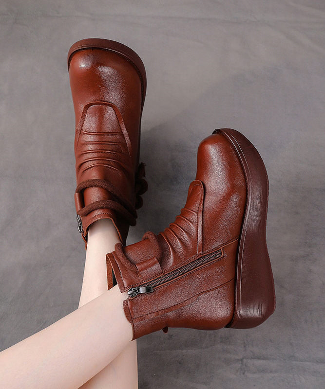 Retro Comfy Splicing Wedge Boots Brown Faux Leather YR041 ABC