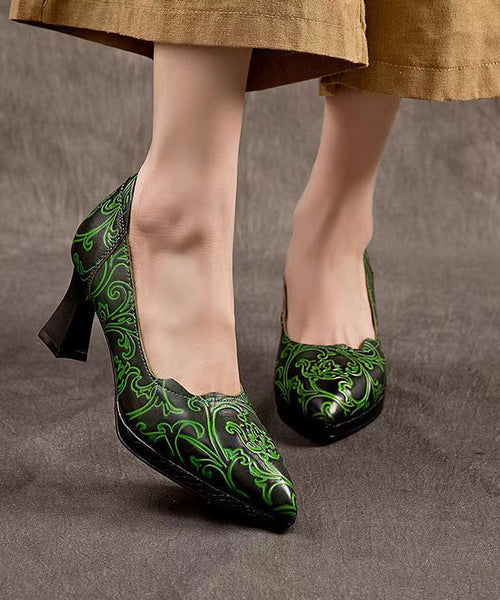 Retro Cowhide Leather Pointed Toe Embossed High Heels CZ1004 Ada Fashion