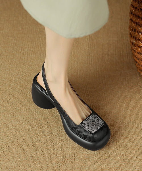 Heel Apricot Retro Splicing Leather Cowhide Chunky Sandals FashionChic